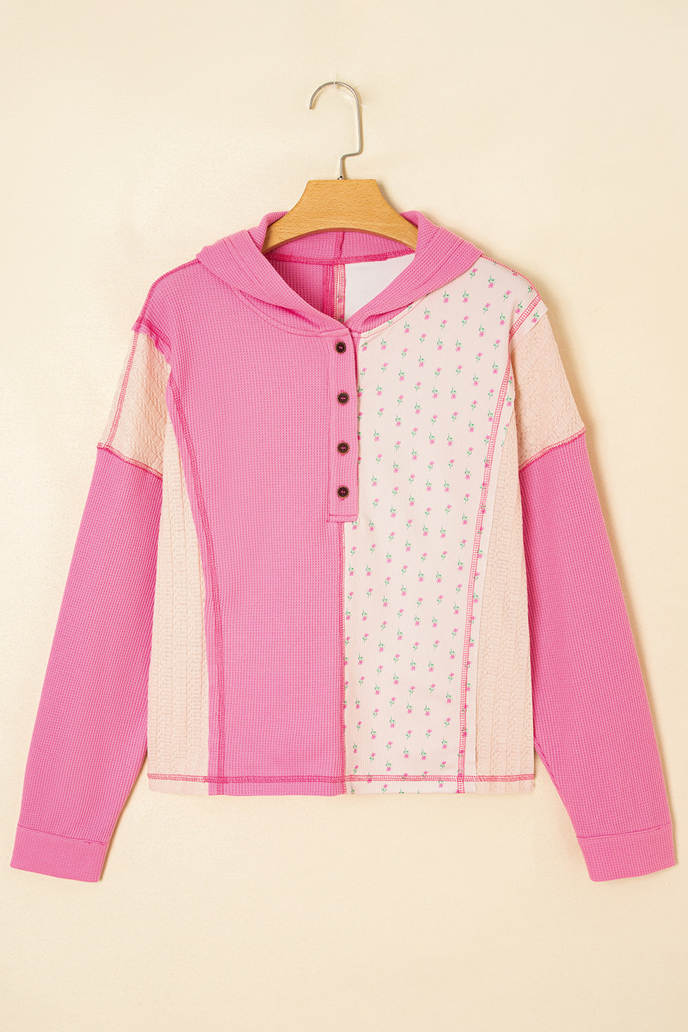 Pink Mixed Texture Waffle Floral Patchwork Hooded Oversized Pullover Top 80a41b275097e000