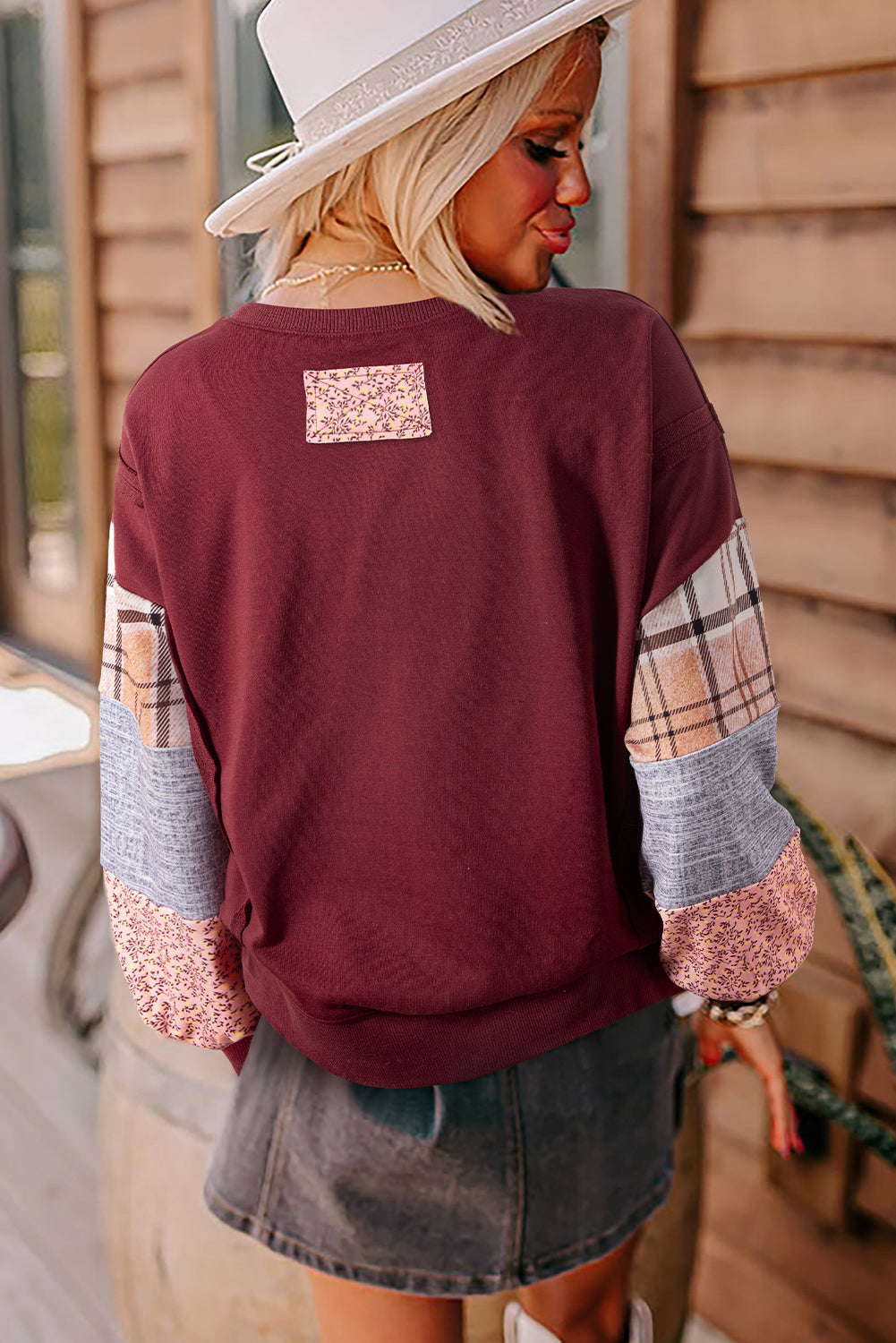 Smoke Gray Plaid Patchwork Sleeve Raw Seam Sweatshirt 80a4dc393407c4dd