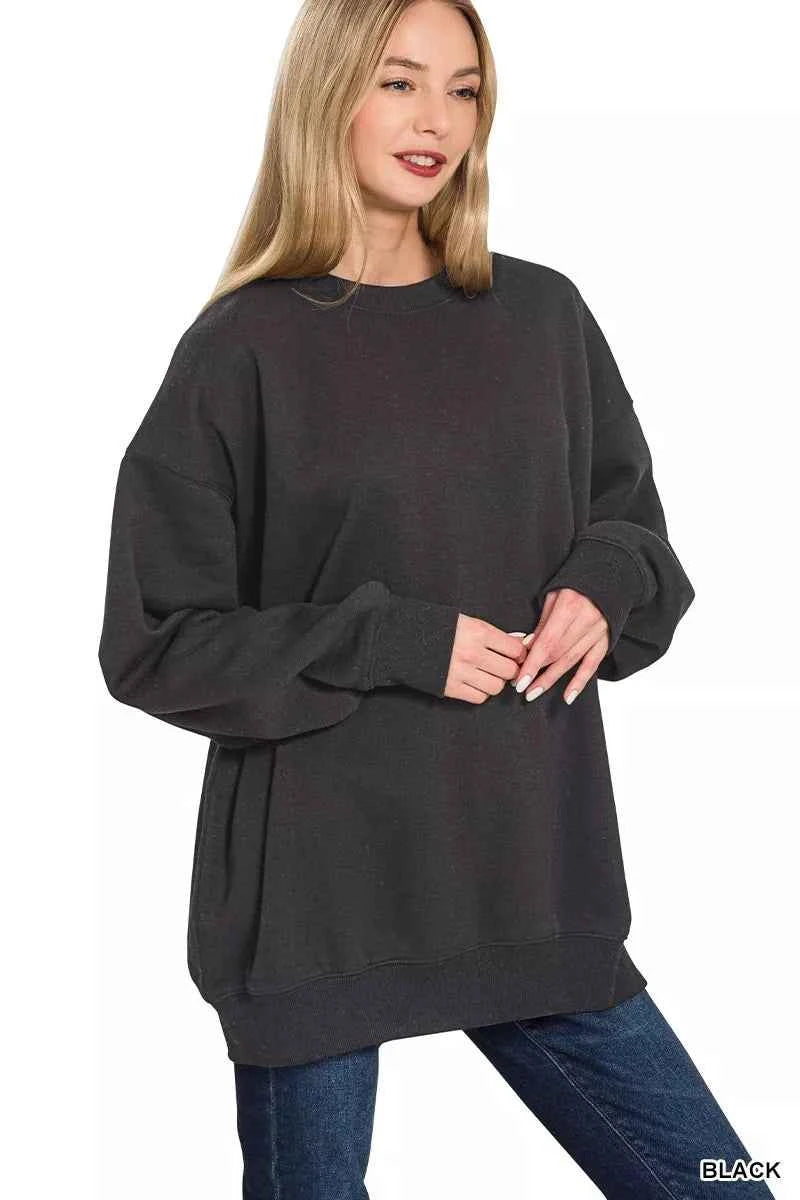 Zenana Oversized Round Neck Fleece Tunic Sweatshirt BLACK 80a4f409f82545dbb2627498a3d7163e-Max-Origin