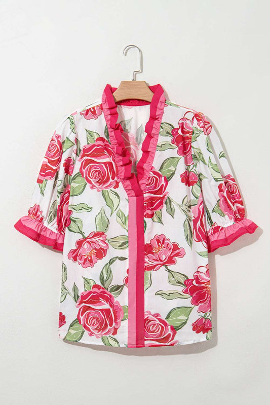 Rose Plus Size Floral Print Frill Neck Short Sleeve Blouse 80ac7b19d26612ed-_2
