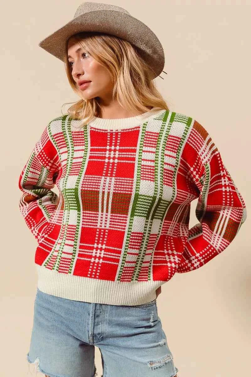 SO ME Christmas Color Checkered Plaid Crew Neck Sweater 80ad3cb856a94959a088105ee1a16f75-Max-Origin