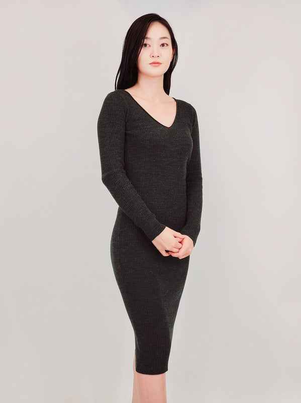V-Neck Sheer Ribbed Knit Long Sleeve Sweater Dress Charcoal 80ade00f-441c-4ea7-929c-c3b1b57d1326