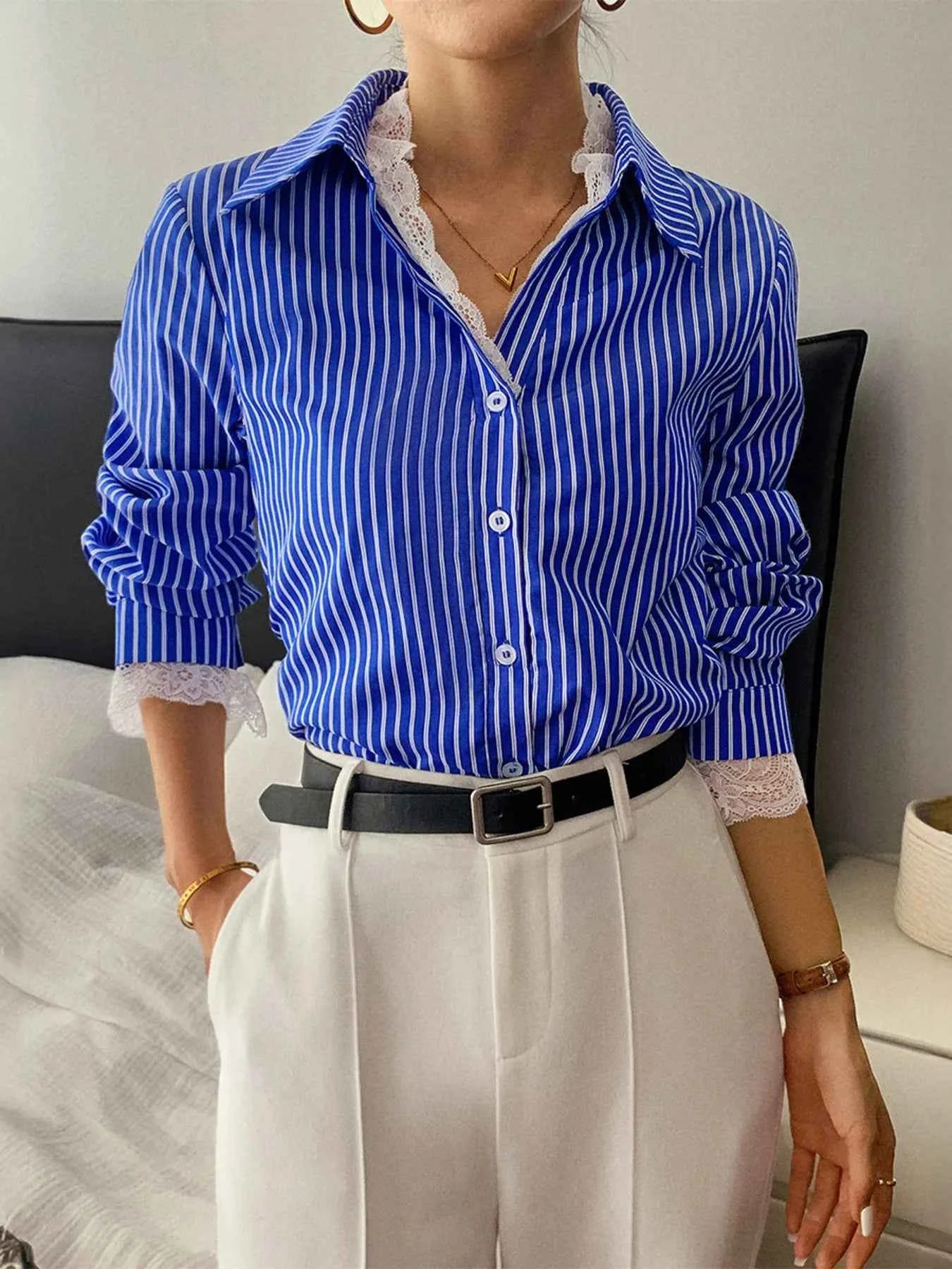 Striped Button-Down Shirt with Lace Detail 80adf5444e9a4cb4b5cf633cd295fa57-Max-Origin