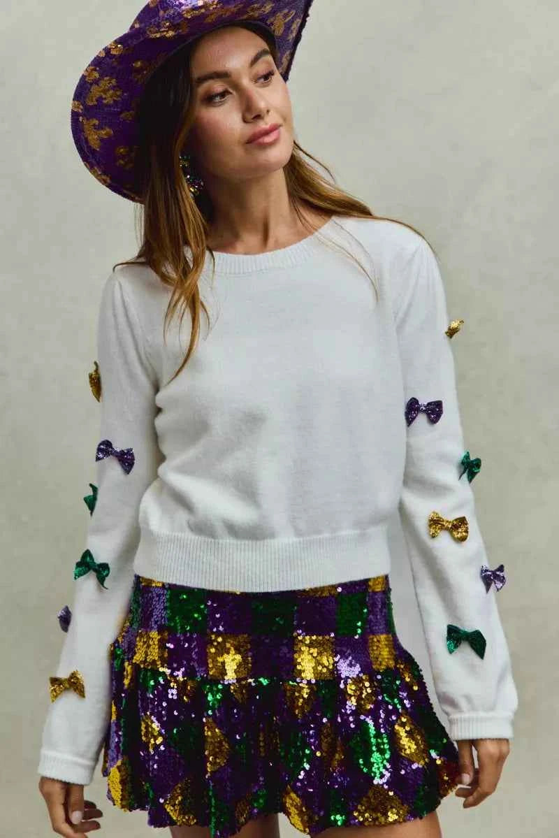 SO ME Mardi Gras Glitter Bow Ribbon Sweater Knit Top 80b1a06c6b074b8b94d74db10a5bc984-Max-Origin