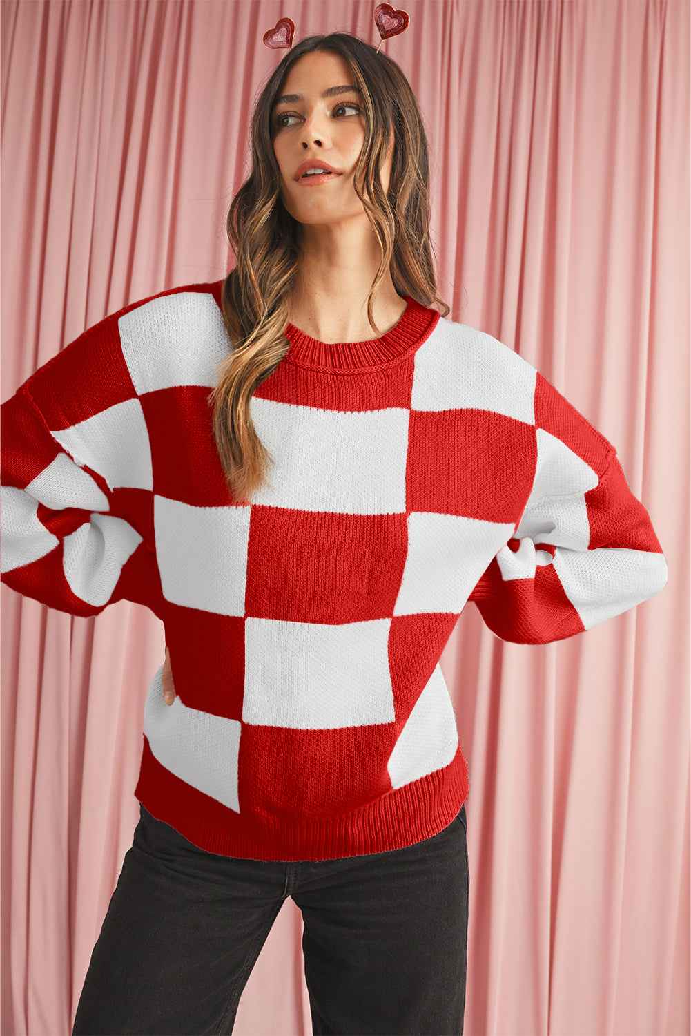 Fiery Red Plaid Bishop Sleeve Pullover Sweater 80b2778c1625179c