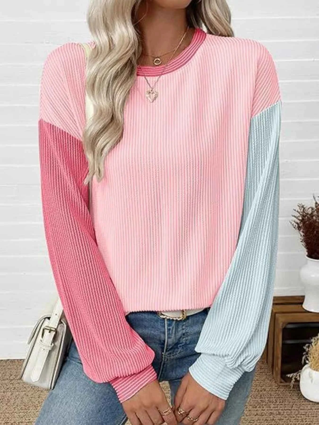Color Block Ribbed Long Sleeve T-Shirt Pink Light blue 80b2fe9f-a50e-4be0-ae02-7ef71e8558d4-Max-Origin