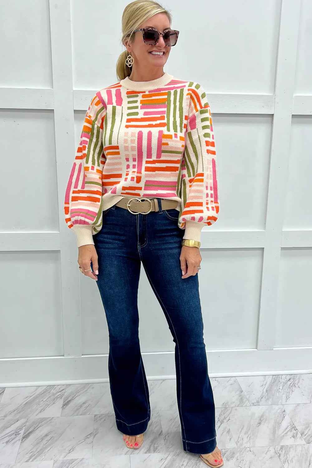 Rose Love Lines Pattern Crew Neck Puff Sleeve Sweater 80b6f97e4125faa9