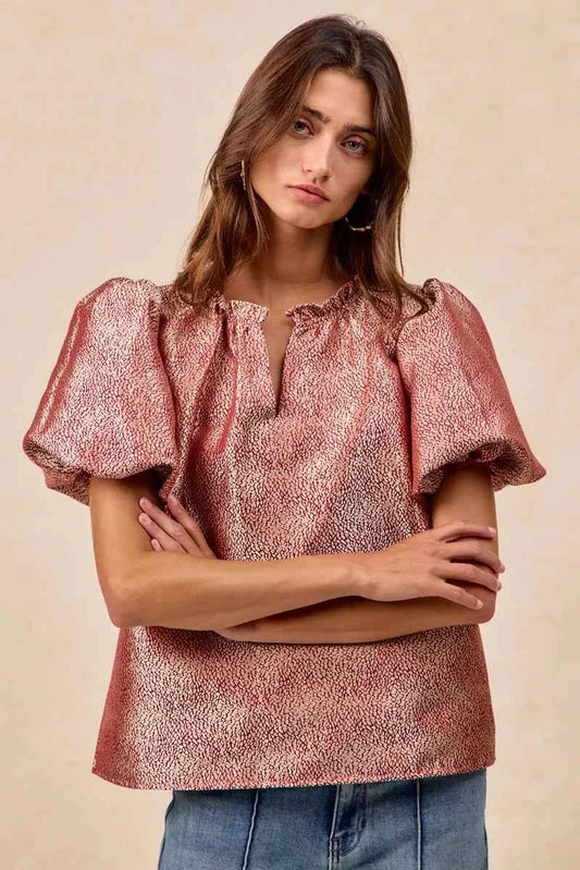 Jacquard Woven Short Balloon Sleeves V Neck Top 80b8de1e57984a9191f832bf4c6d017a-Max-Origin