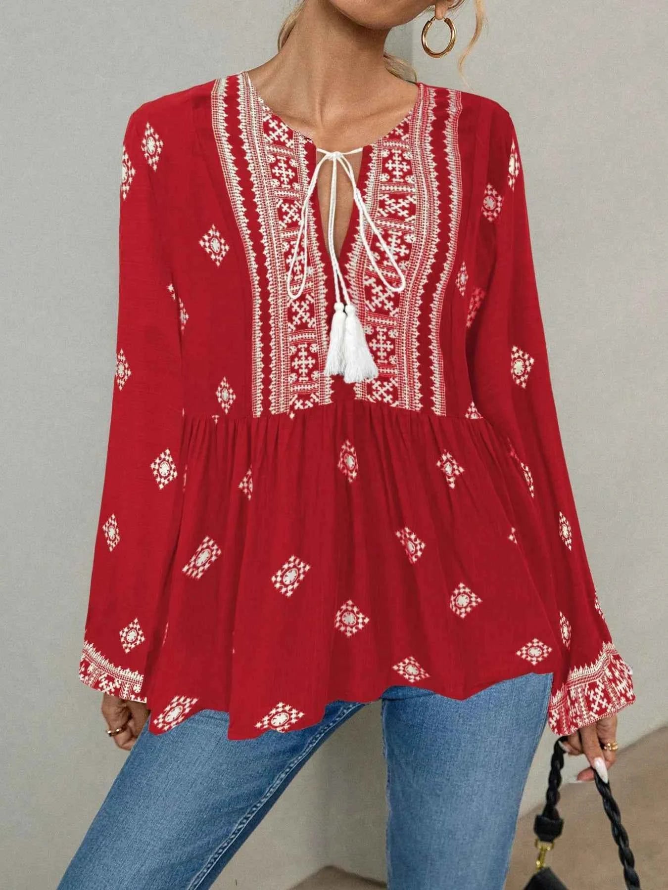 Tie Front Long Sleeve Blouse 80b962f2cb784560baf563f6d1f5719d-Max-Origin