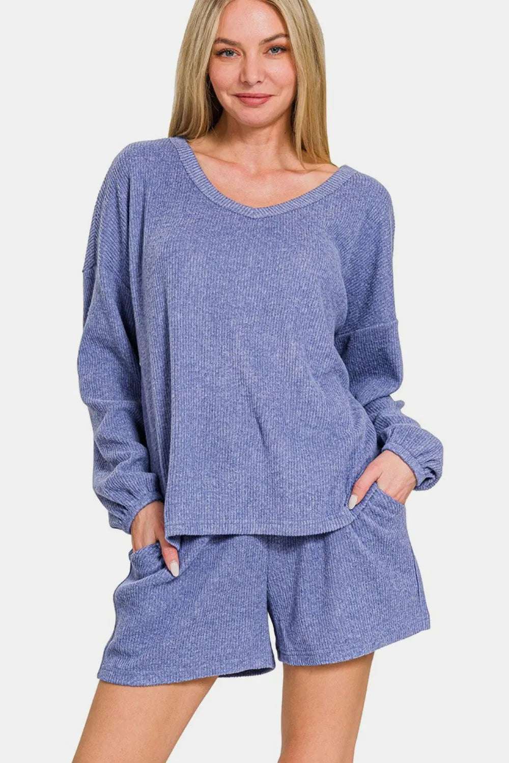 Zenana V-Neck Long Sleeve Ribbed Top and Shorts Set Blue Purple 80b96cc1-e2cd-4757-bf38-f37f44048e6e-Max-webp_1