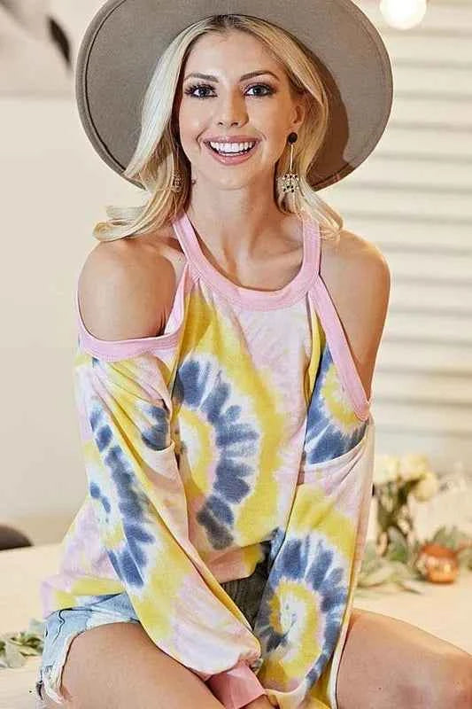 Tie Dye Print Terry Top with Cold Shoulder Detail 80bfad4c3320499297432088fe784666-Max-Origin