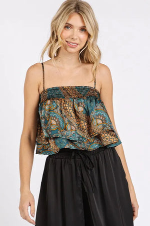 Paisley Patchwork Print Satin Ruffle Crop Cami TEAL GREEN 80c1fa17-148b-48f5-af42-9d80bf15e568-Max