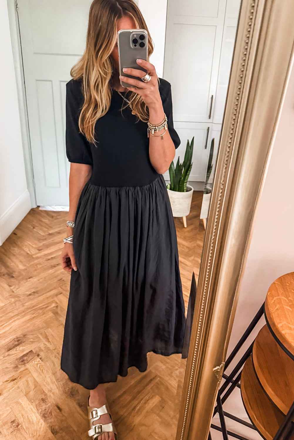 Black Short Sleeve Knit Top Patchwork Pleated Long Dress 80c20590b065a5d4