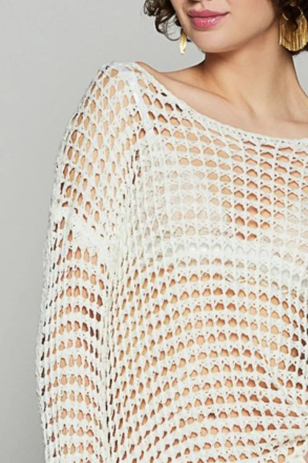 POL Side Slit Openwork Long Sleeve Knit Cover Up 80c30910-e808-4086-bbeb-c00800fffc40-Max