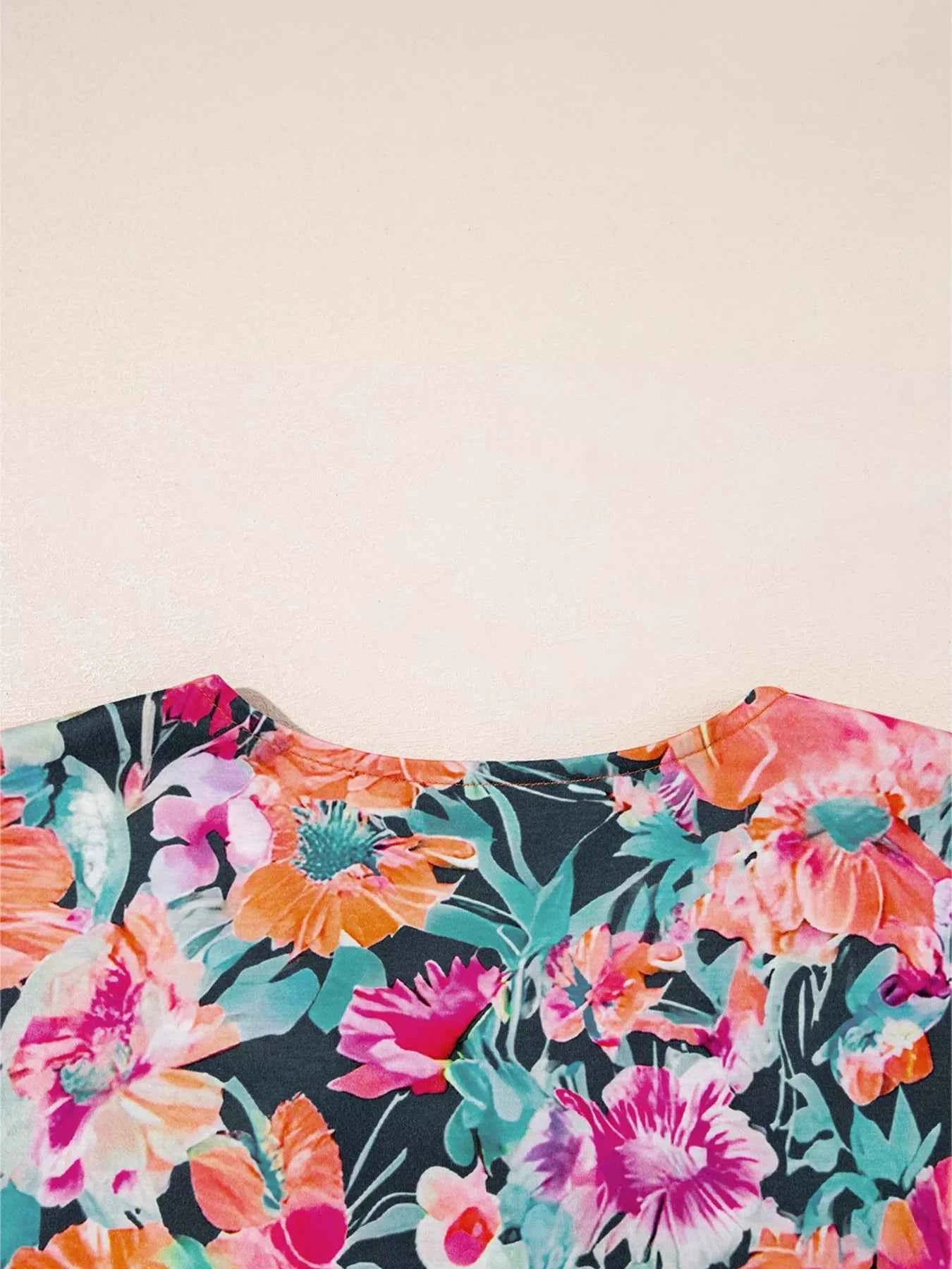 Floral 3/4 Flare Sleeve Tied Neck Blouse 80c9155e4d6c4983a6d4d34d94995244-Max-Origin