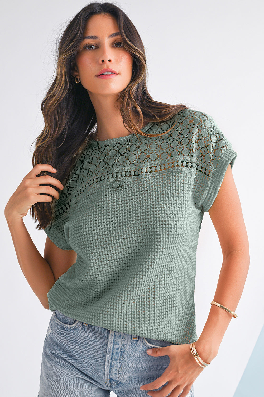 Mist Green Hollow Patchwork Waffle Knit Top Mist Green 67%Polyester+30%Viscose+3%Elastane 80cb1fdad989558c