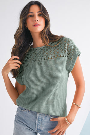 Mist Green Hollow Patchwork Waffle Knit Top Mist Green 67%Polyester+30%Viscose+3%Elastane 80cb1fdad989558c