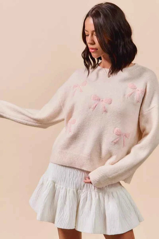 Embroidered Ribbon Round Neck Sweater 80cf661b1a8a43389e569a720b131f75-Max-Origin