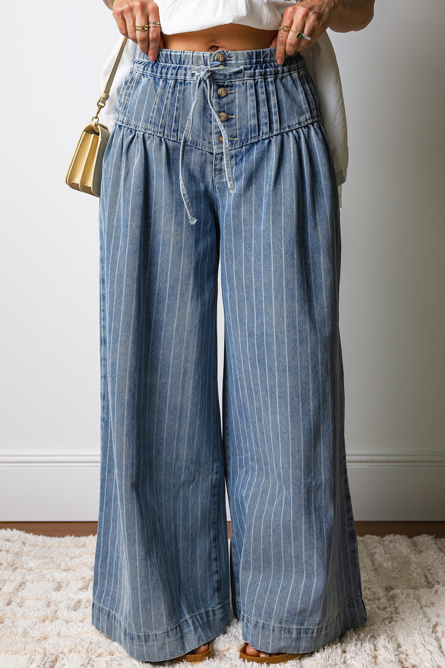 Sky Blue Stripe Button Pleated Drawstring Waist Casual Wide Leg Jeans 80d33425a3519344