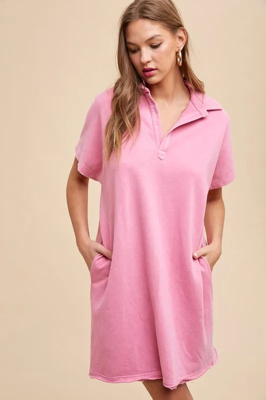Annie Wear Mineral Washed Johnny Collar Short Sleeve Dress Fuchsia Pink 80d54e92-68ca-4fad-b3f8-01905547de78-Max
