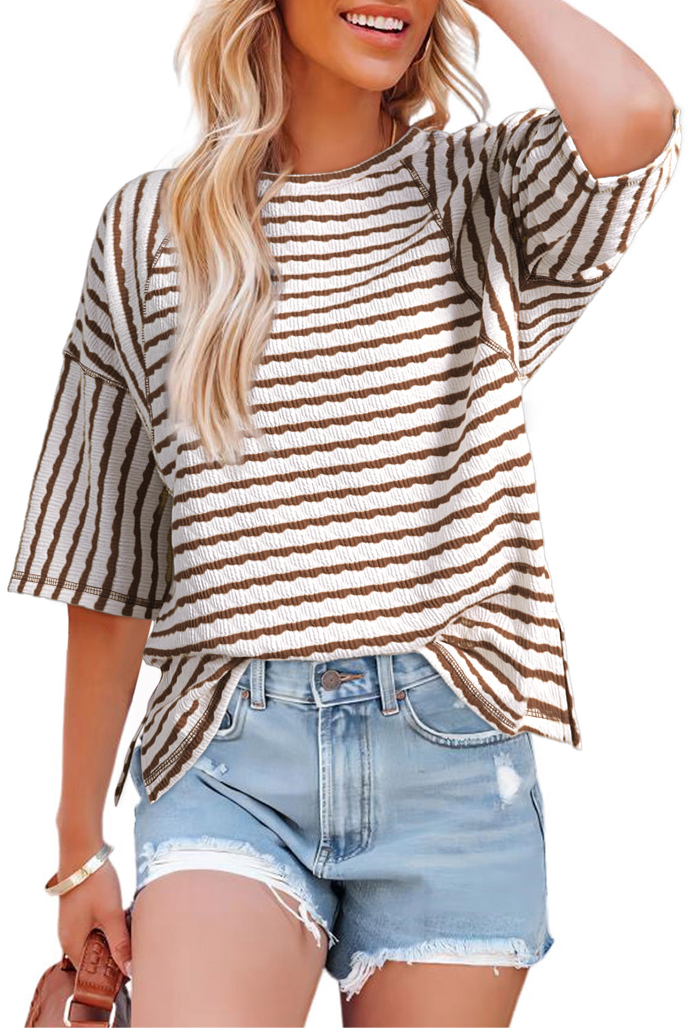Sky Blue Stripe Textured Knit Split Hem Half Sleeve Loose Top 80d78063b478dee3