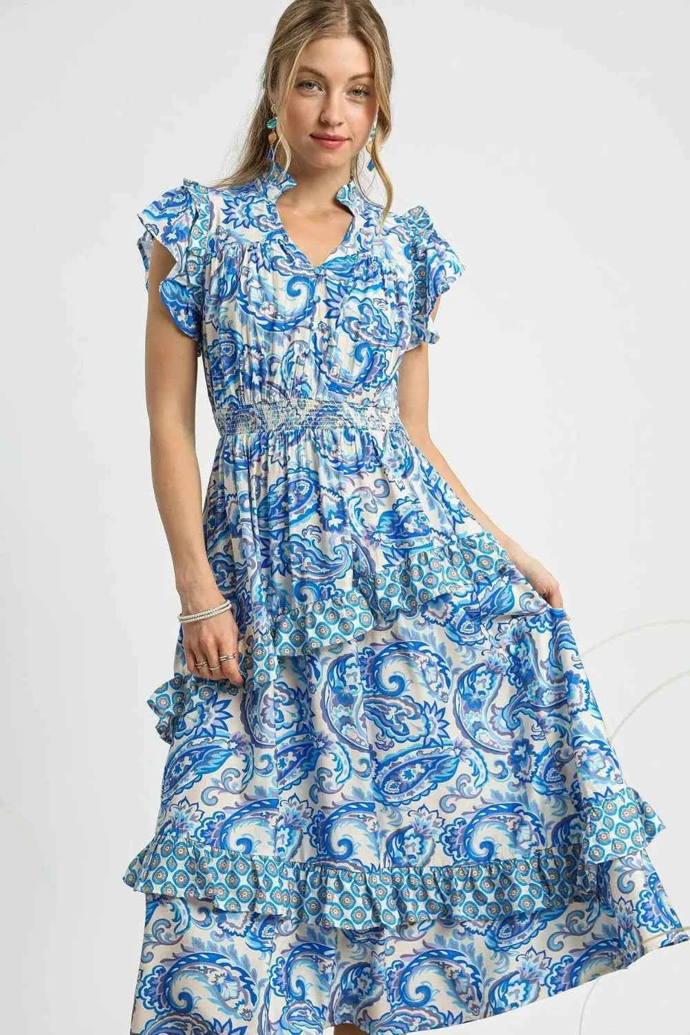Umgee Paisley Print Ruffle Sleeve Midi Dress 80d7e186-cf6e-4e9a-9239-0ce41d90d62f-Max-Origin