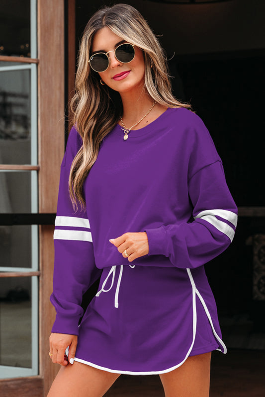 Tillandsia Purple Varsity Stripe Detail Drop Shoulder Pullover Mini Skort Set 80da6eacdf0beaad