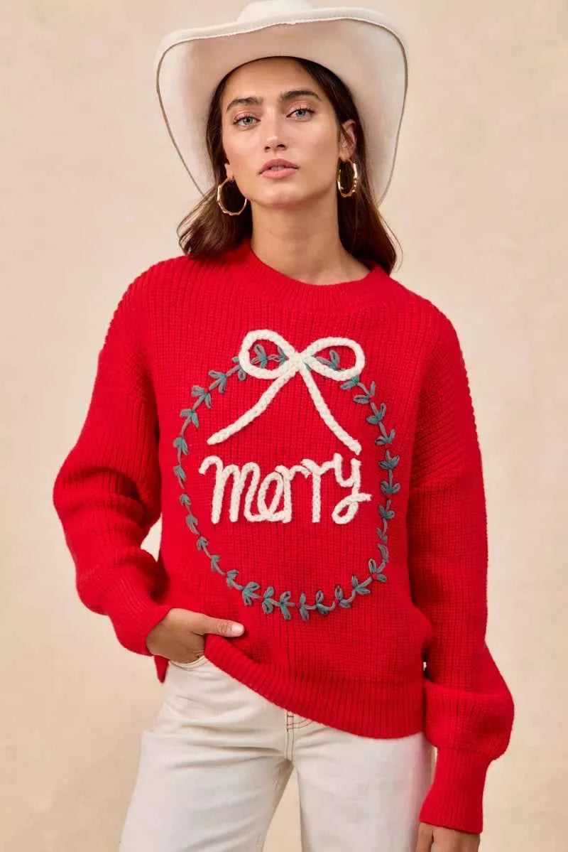 BiBi Christmas Wreath Merry Letter Knit Top 80e24657000541e0970c177a14287882-Max-Origin