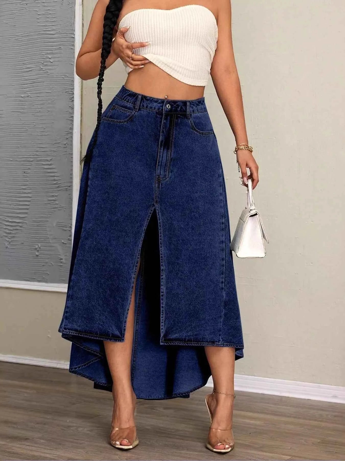 High-Low Slit Denim Skirt 80e4f6da95d143fca52a83961e1a2639-Max-Origin