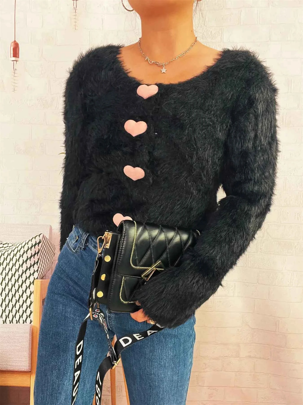 Fuzzy Heart Shape Button-Up Cardigan 80e57855fa034219b3dd5a79f1ec2918-Max-Origin