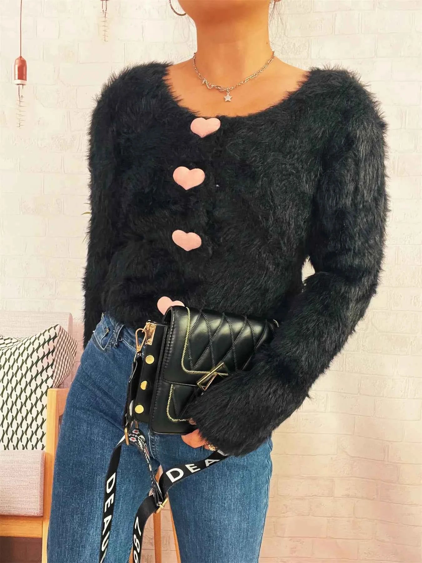 Fuzzy Heart Shape Button-Up Cardigan 80e57855fa034219b3dd5a79f1ec2918-Max-Origin
