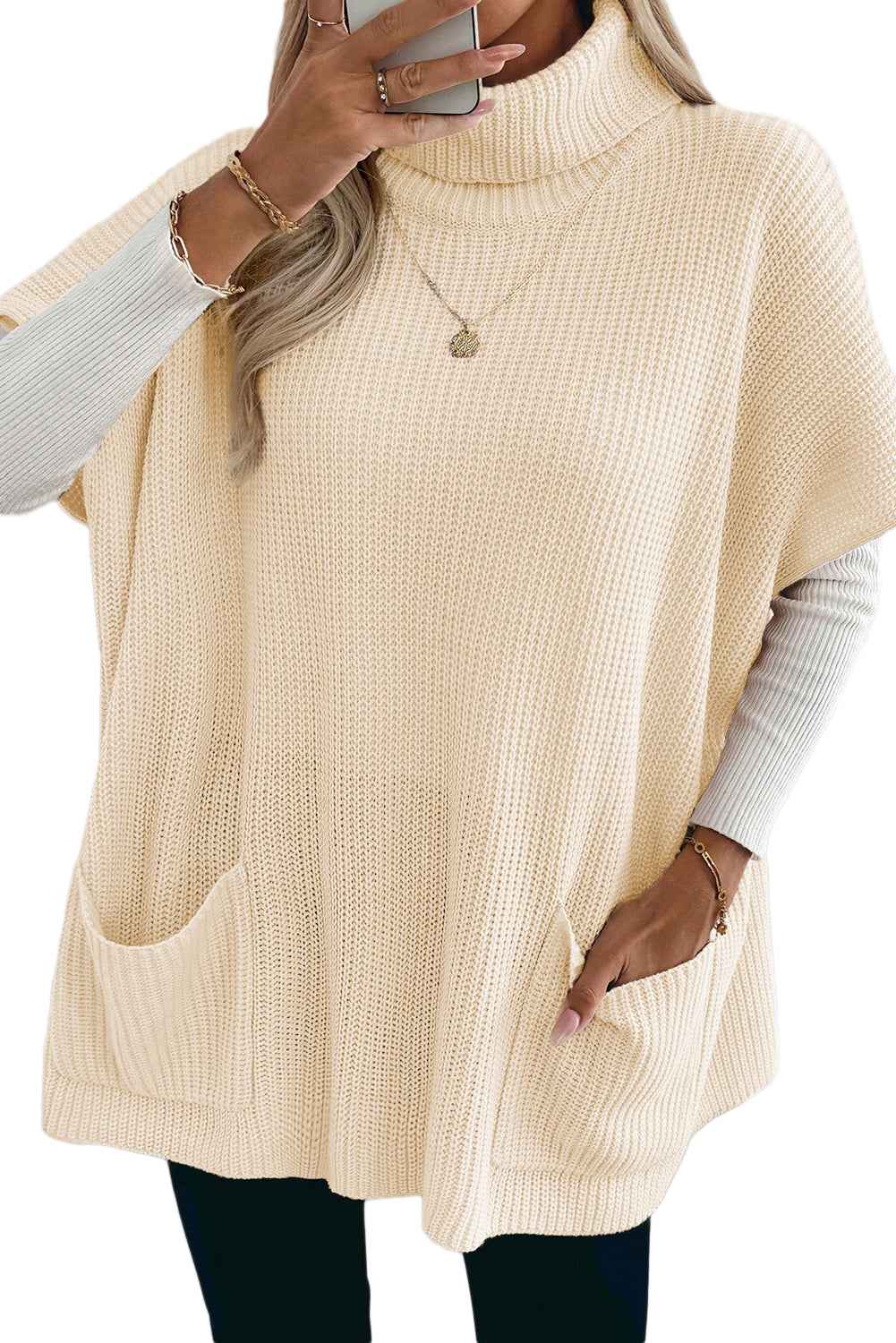 Jet Stream Plain Knit Casual Turtleneck Short Sleeve Tunic Sweater with Pockets 80e6e9968b675b67