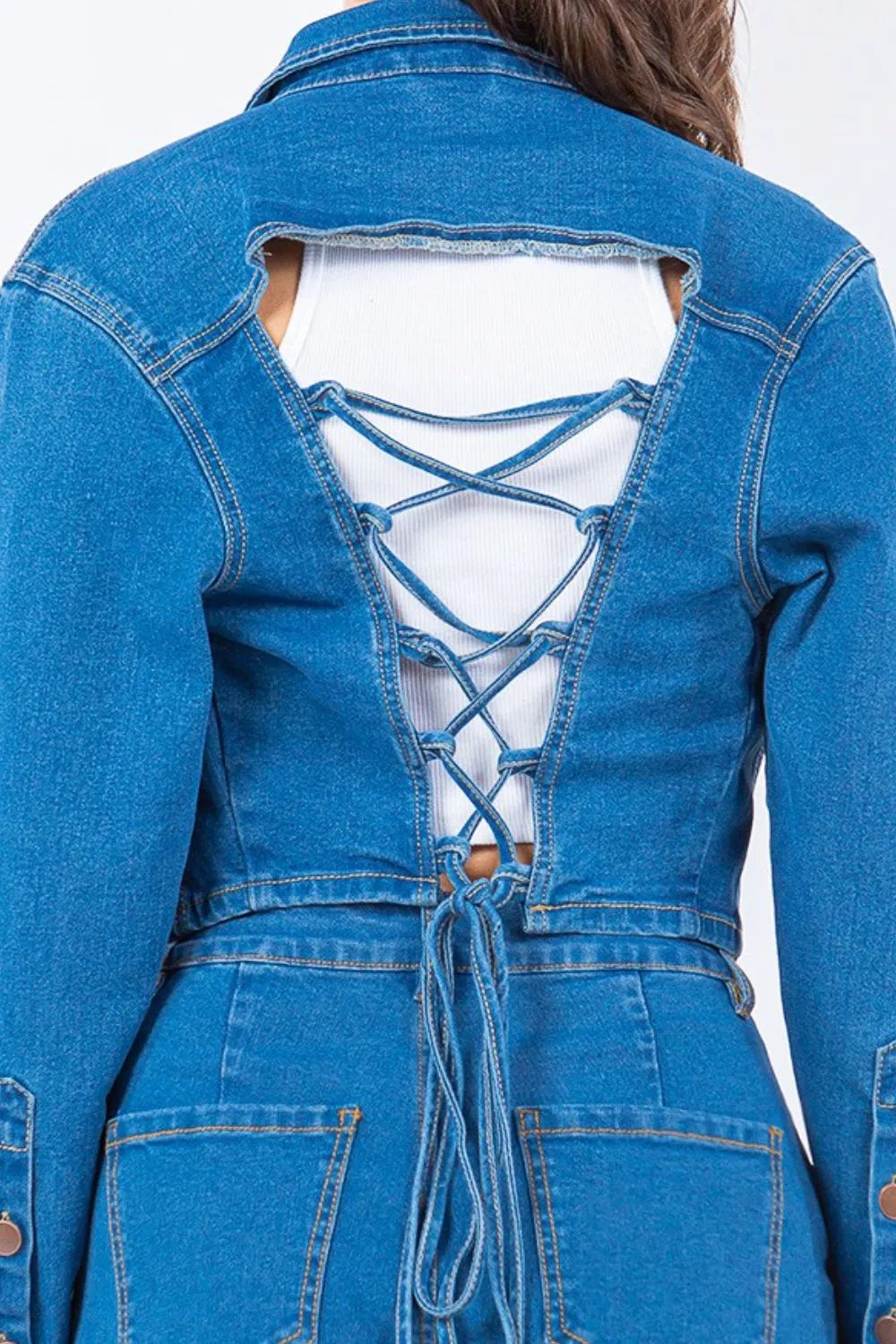 American Bazi Laced Back Cropped Denim Jacket 80e9dc83-85c8-49ce-a34e-f39b0251c8f9-Max