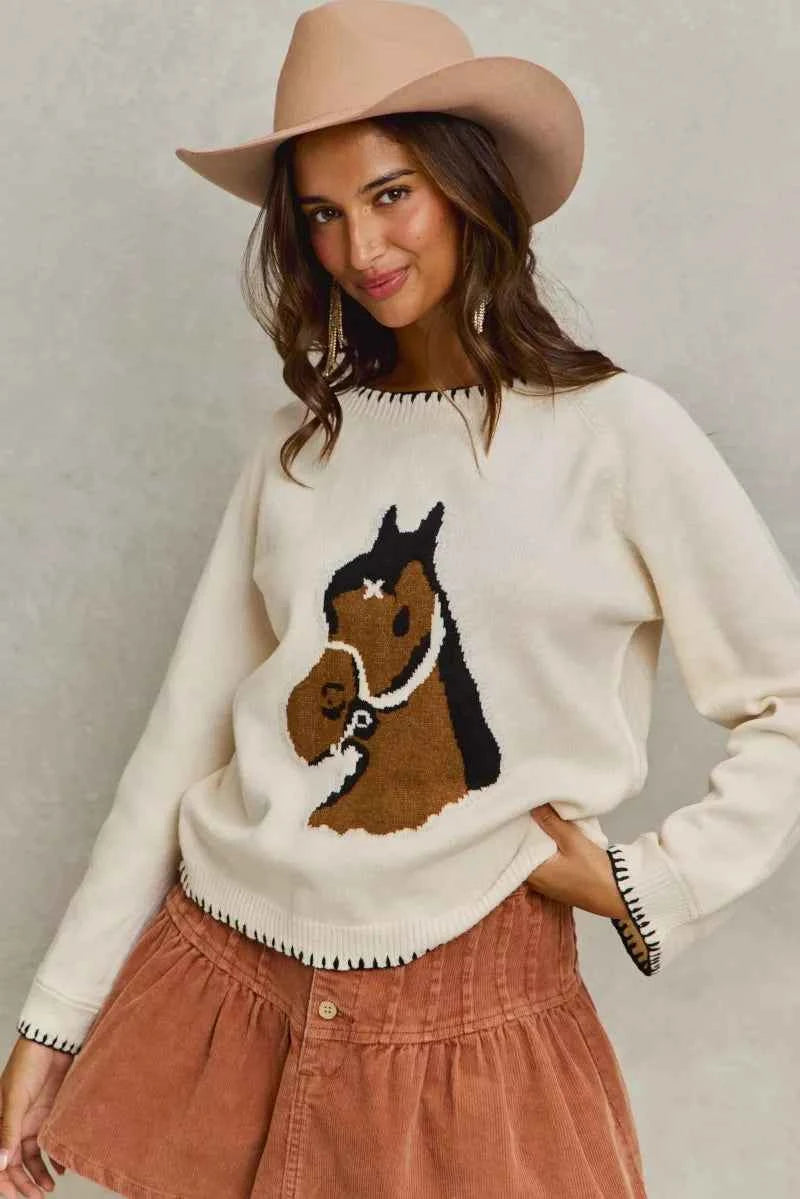 SO ME Horse Knit Sweater Top with Blanket Stitch 80eb0b124c3b4295842be6e9db8ad40d-Max-Origin