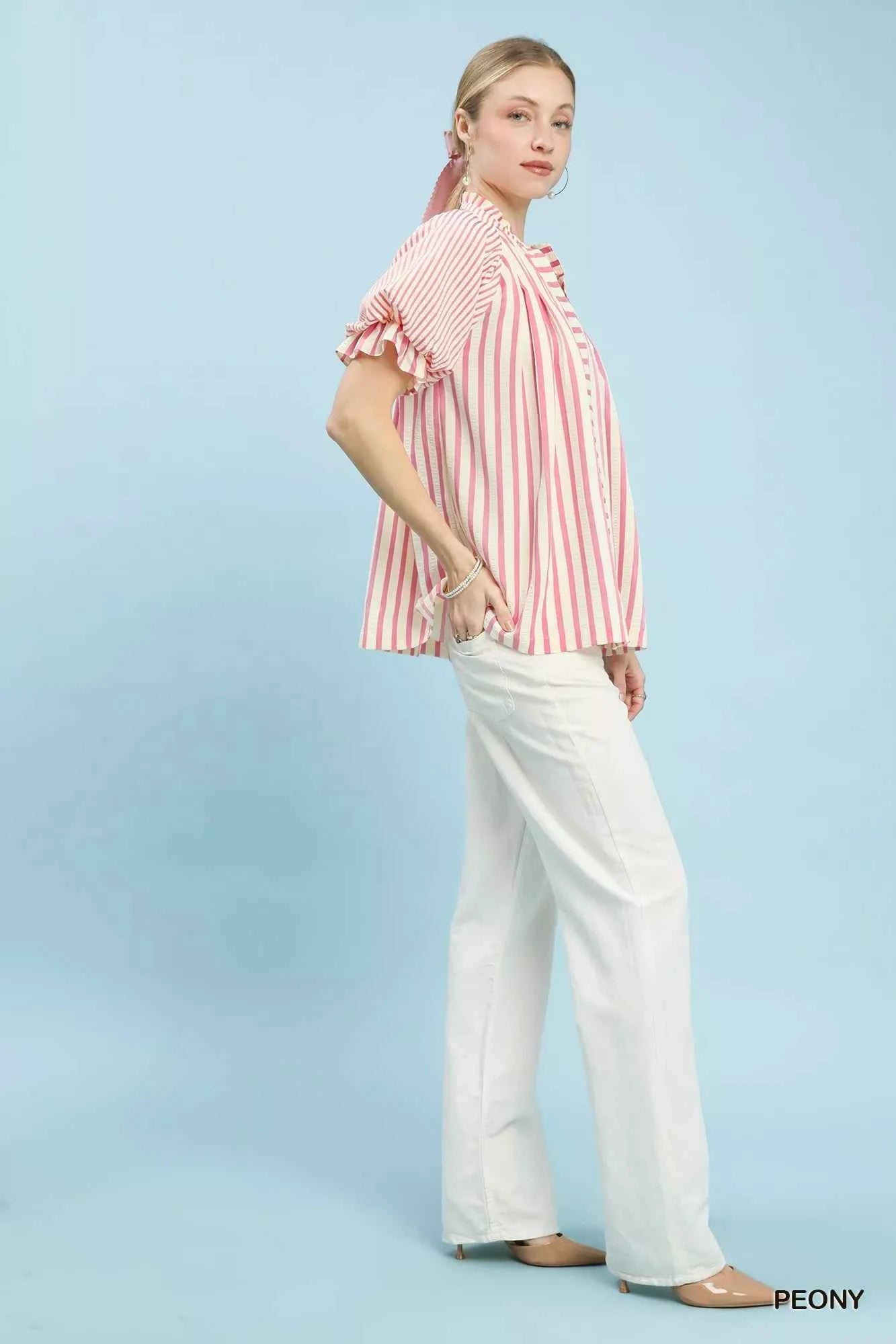 Umgee Striped Notched Top with Short Flutter Sleeves 80f4b754-6e41-4a23-a6e4-fdca8c10917b-Max-Origin