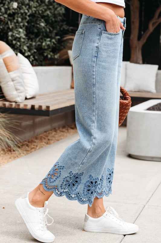 Solid Denim Embroidered Wide Leg Jeans 80f8a406-7fa7-461c-b6ae-3ac82aa30454