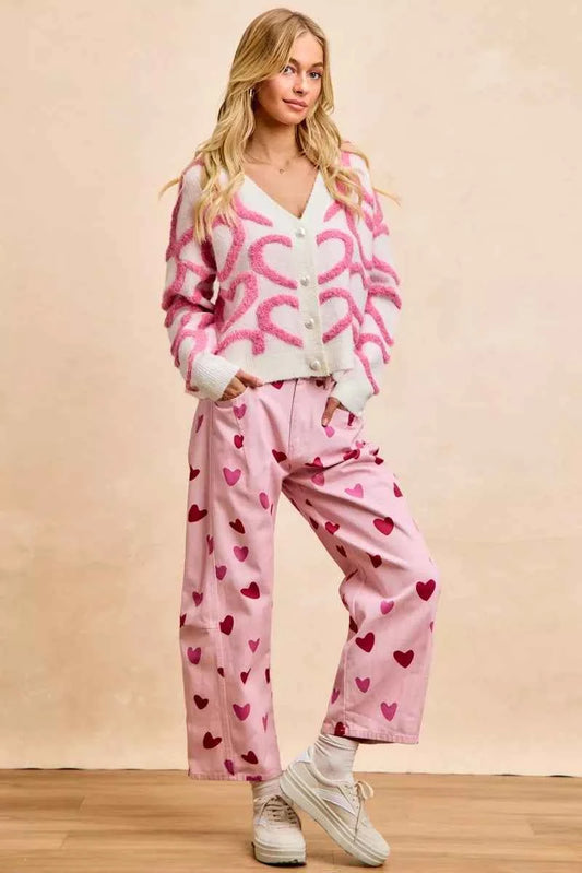 Textured Heart Buttoned V Neck Cardigan 80fbbfdb2f6243c49b716aedbbb39dab-Max-Origin