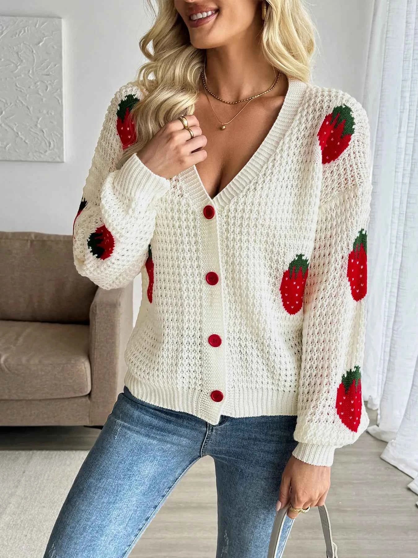 Strawberry Pattern V-Neck Button-Up Cardigan 80ffa11571194980833c8c8f3ed8af82-Max-Origin