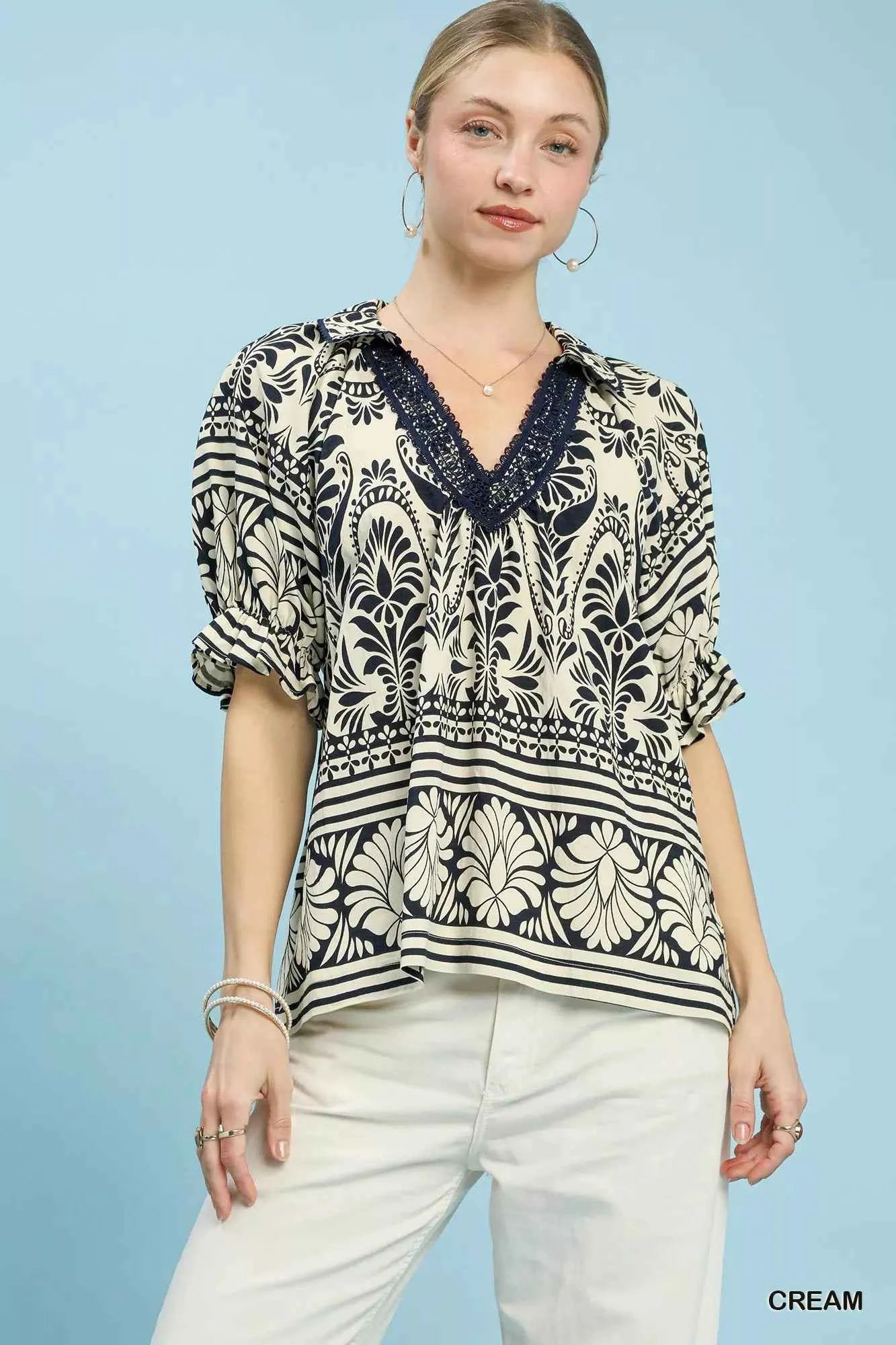 Two Tone Boarder Print Top CREAM 8101e9bd-fc33-4fe3-b2f4-f74619a621da-Max-Origin