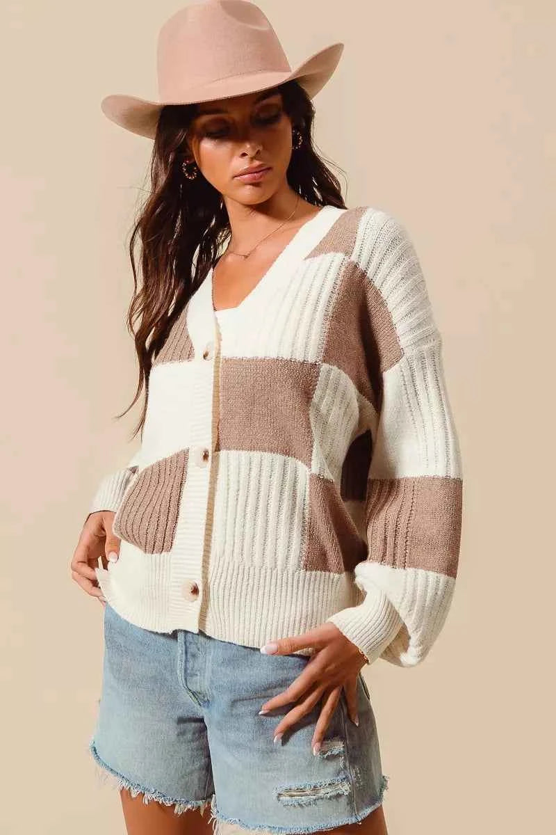 SO ME Checkered Button Front Ribbed Sweater Cardigan 810608ddc75a4e04862a5e340caead26-Max-Origin