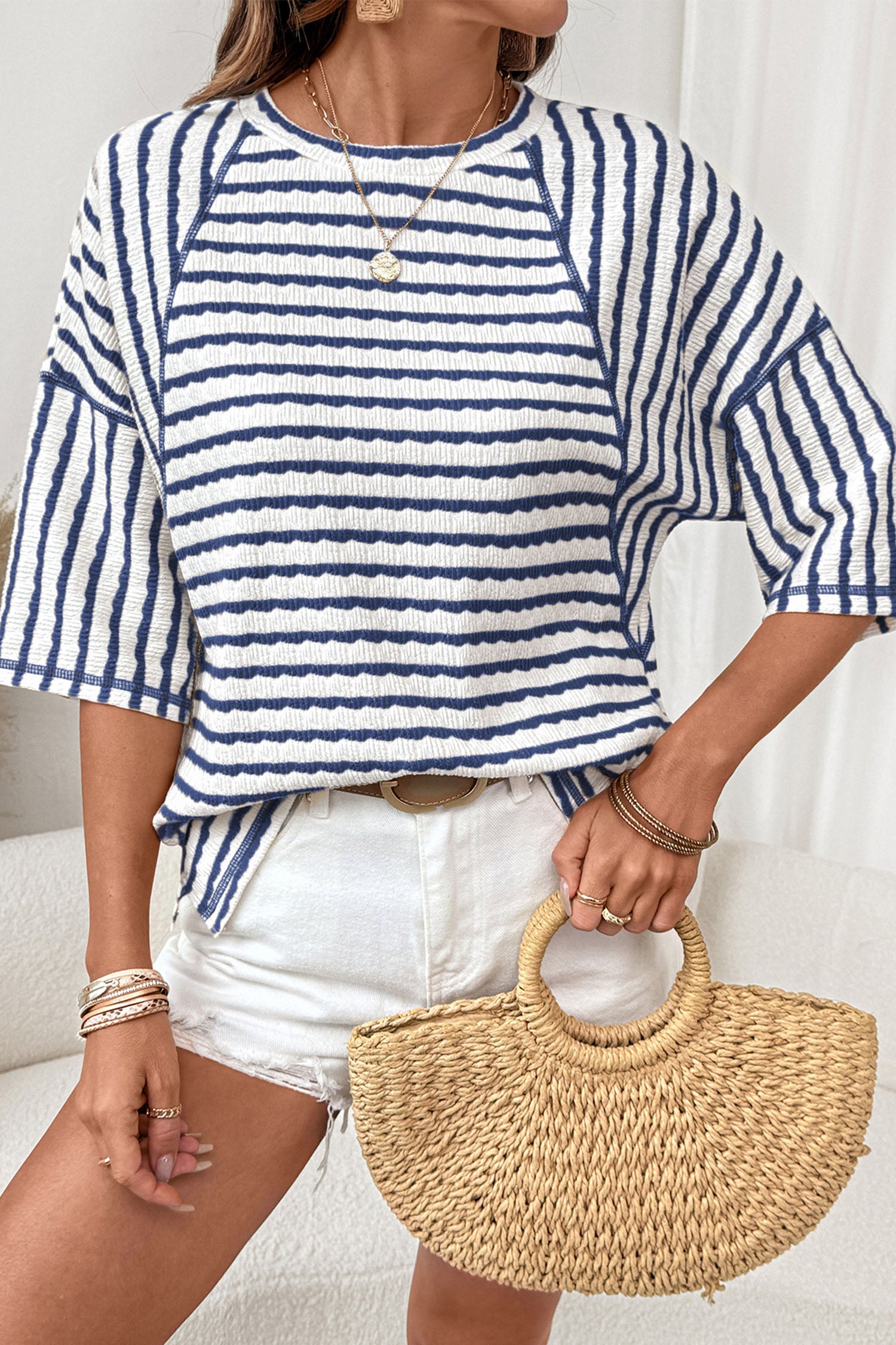 Sky Blue Stripe Textured Knit Split Hem Half Sleeve Loose Top 8107456df0a693d9