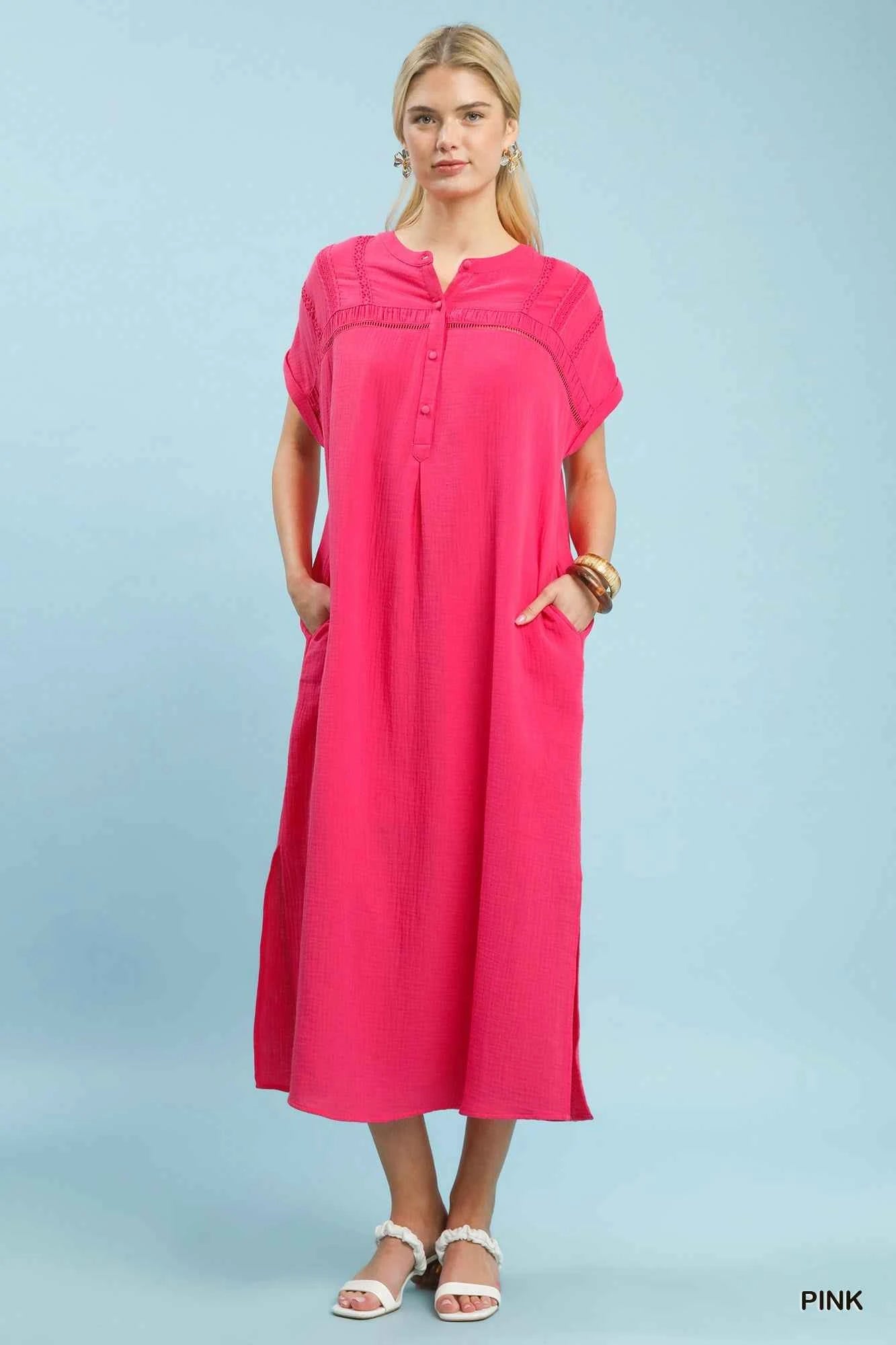 Umgee Button-Front Gauze Midi Dress with Lace Detail 810ffbc0-522c-4164-aba5-075b54b4cf82-Max