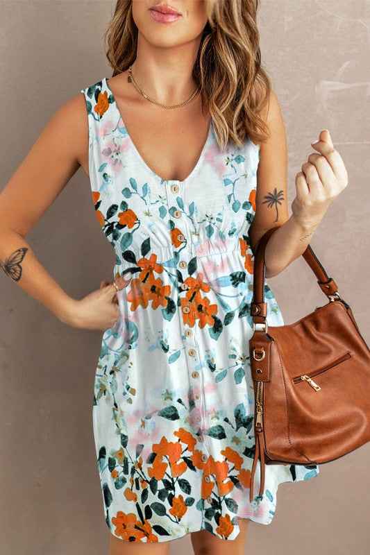 Floral Sleeveless Button Up Waist Mini Dress 81176e3f-3d14-4ce7-a1b0-59b63ec1dfc9