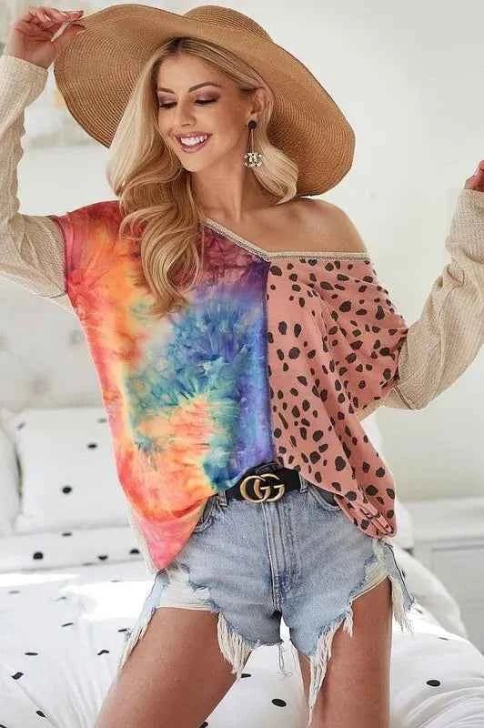 BiBi Print Block V Neck Top with Contrast Stitching BLUSH 81192af1e6b649c5a46f66a1d272a040-Max-Origin