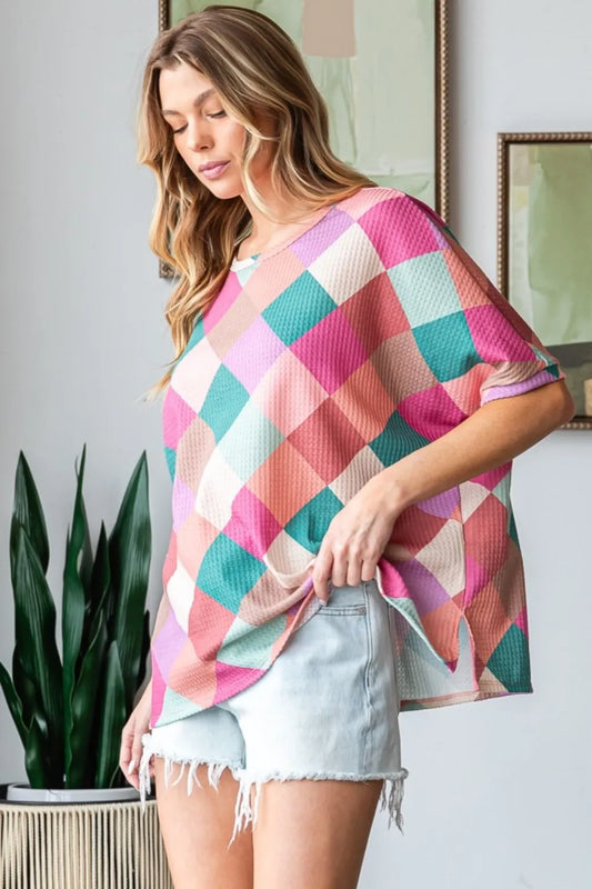 Full Size Multi Colored Argyle Side Slit T-Shirt 8127345e-7278-4f96-ad61-b4685b052145-Max