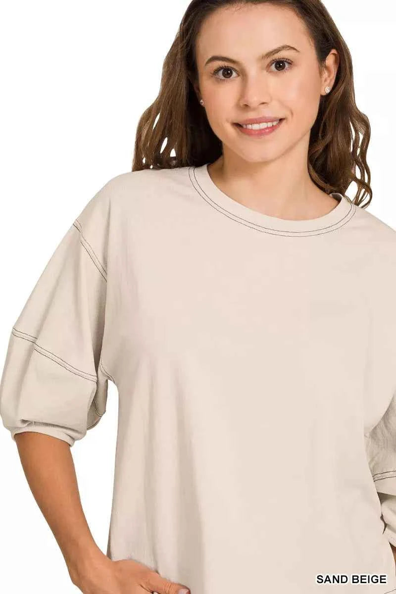 Zenana Balloon Sleeve Top with Contrast Stitching 8128ee04972747f491d82f948efd4737-Max-Origin