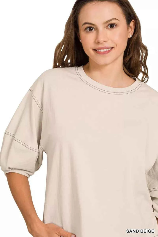 Balloon Sleeve Top with Contrast Stitching 8128ee04972747f491d82f948efd4737-Max-Origin