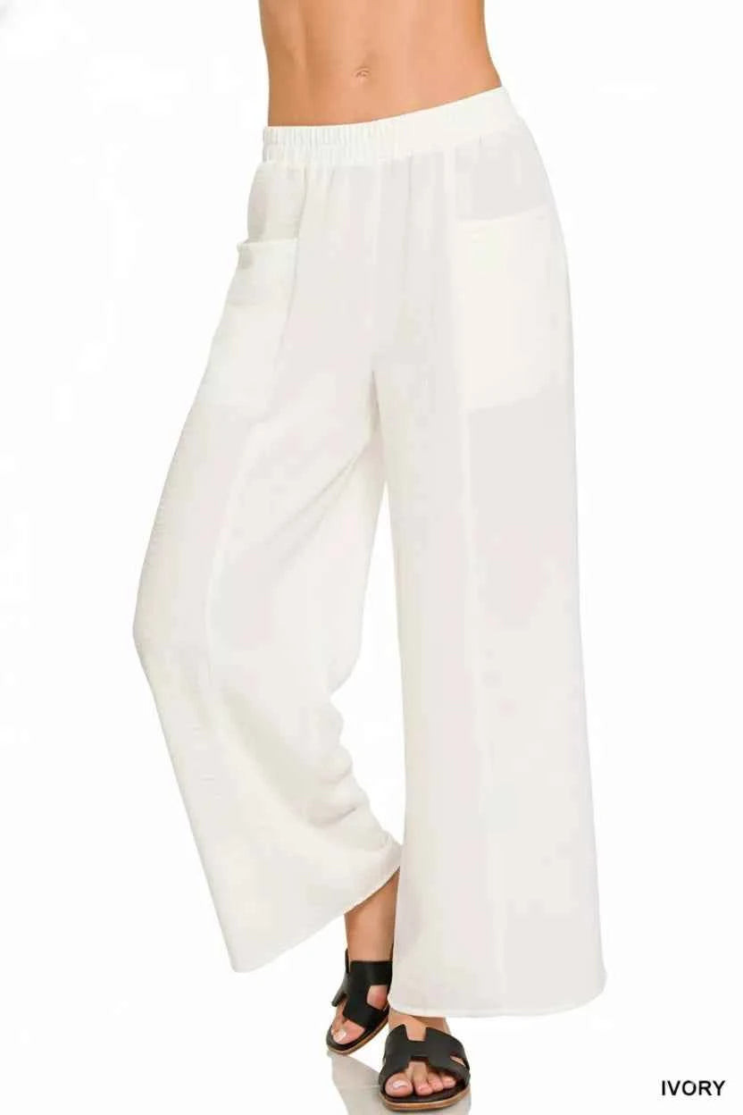 Zenana Woven Airflow Elastic Waistband Pants 812901b0-f81e-47ea-8c7e-e57815f878dc-Max-Origin