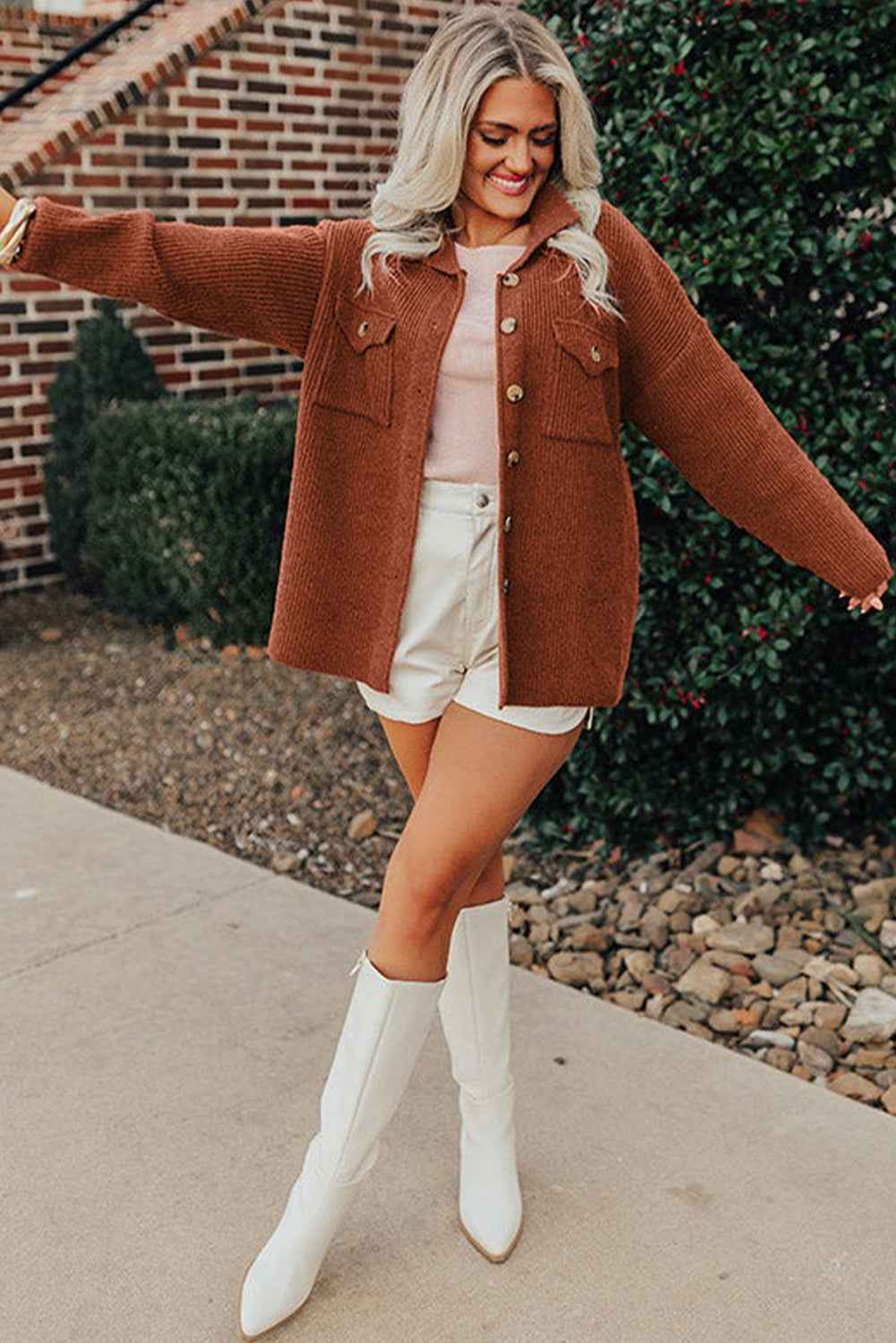 Medium Grey Ribbed Knit Buttons Front Flap Pocket Casual Shacket 812ba28203a7d2ad