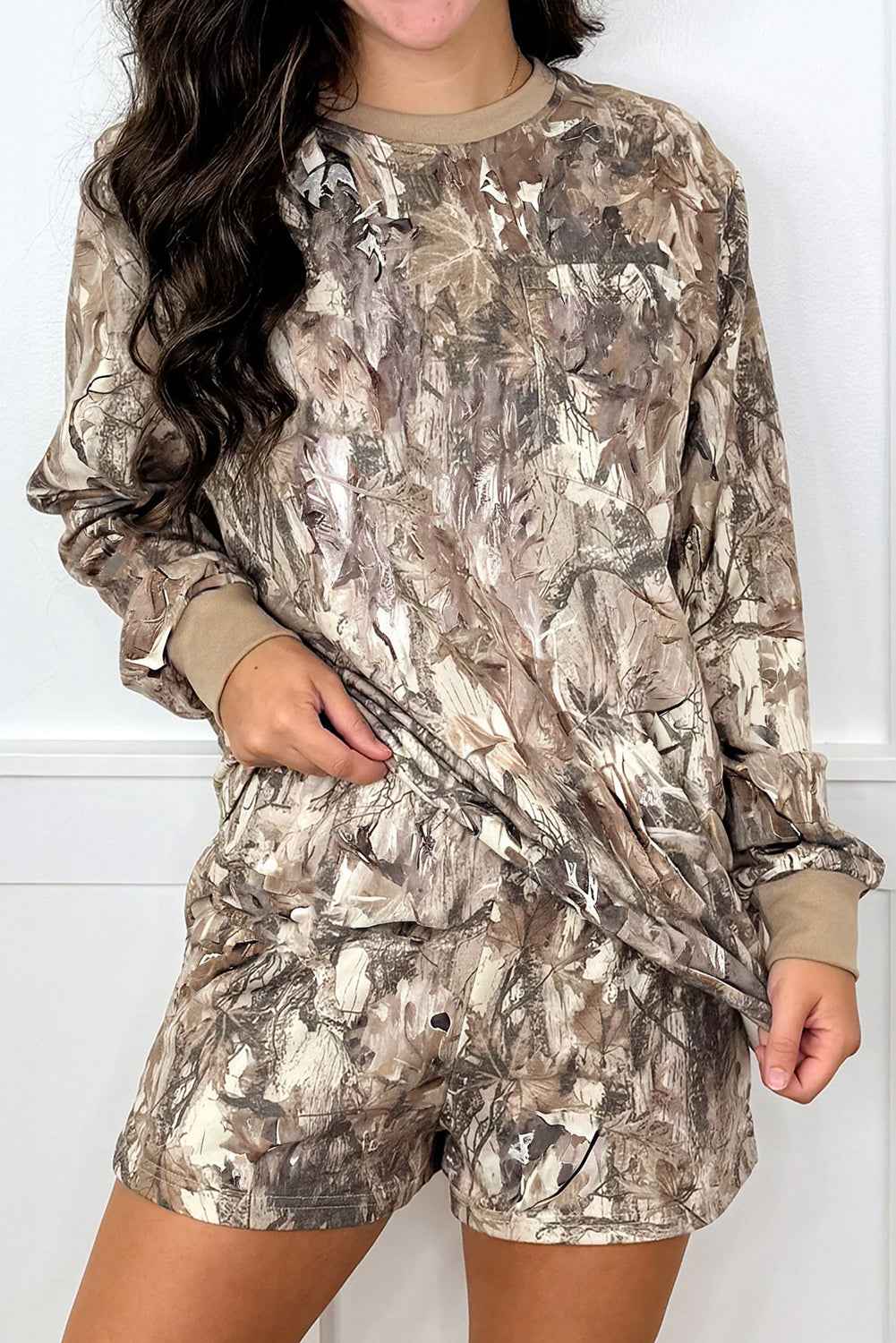 Khaki Camo Print Contrast Trim Long Sleeve Pullover Shorts Set Khaki 95%Polyester+5%Elastane 81319eac7bc49f3f